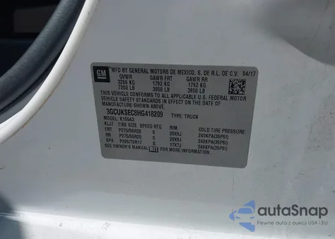 2017 Chevrolet Silverado 1500 2Lz из США, поврежденный, VIN 3GCUKSEC8HG418209